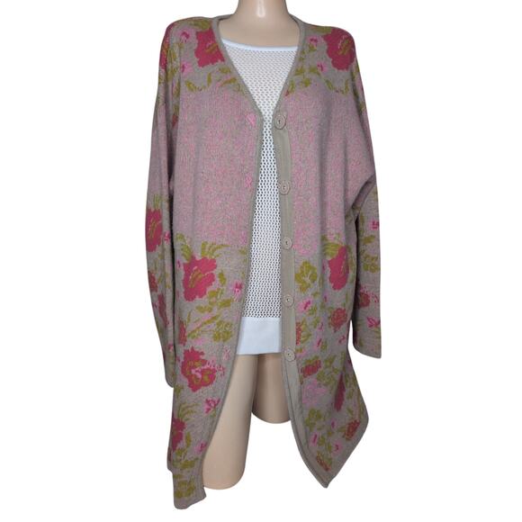 Sundance Pink Wool Alpaca Long Floral Sweater Cardigan Women XL Boho Cottagecore - Picture 1 of 8